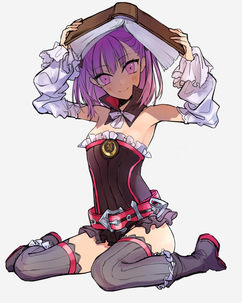 1girl armpits as_us_kr bare_shoulders belt black_hat book book_on_head detached_collar detached_sleeves fate/grand_order fate_(series) flat_chest full_body hat helena_blavatsky_(fate/grand_order) highres looking_at_viewer object_on_head purple_hair short_hair sketch smile solo strapless thigh-highs tree_of_life violet_eyes