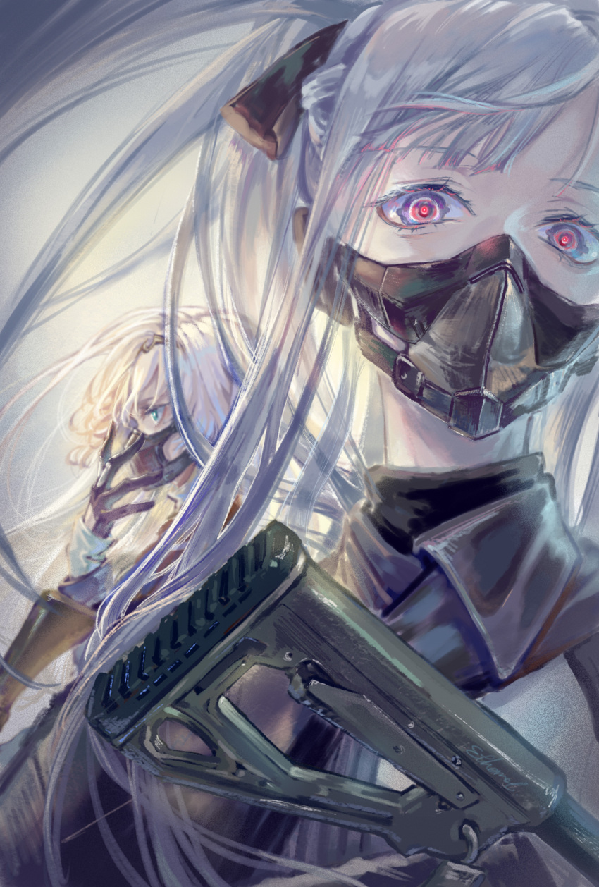 2girls ak-12_(girls_frontline) an-94 an-94_(girls_frontline) aqua_eyes assault_rifle bangs black_bow black_gloves blonde_hair bow braid ethanol_(8521966) eyebrows_visible_through_hair face_mask floating_hair french_braid girls_frontline gloves gun hair_bow hairband hand_to_own_mouth highres holding holding_gun holding_weapon long_hair long_sleeves looking_at_viewer mask multiple_girls rifle scarf sidelocks silver_hair very_long_hair violet_eyes weapon wind