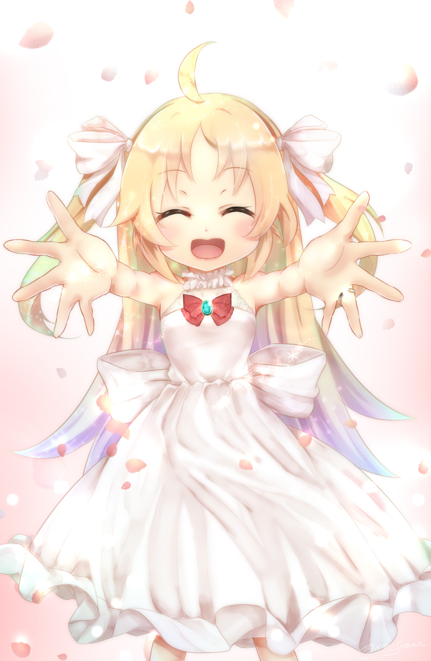 1girl :d ahoge blonde_hair charlotte_izoard closed_eyes dress facing_viewer highres jewelry long_hair open_mouth outstretched_arms petals ring ryuuou_no_oshigoto! smile solo two_side_up white_dress yuitsuki1206