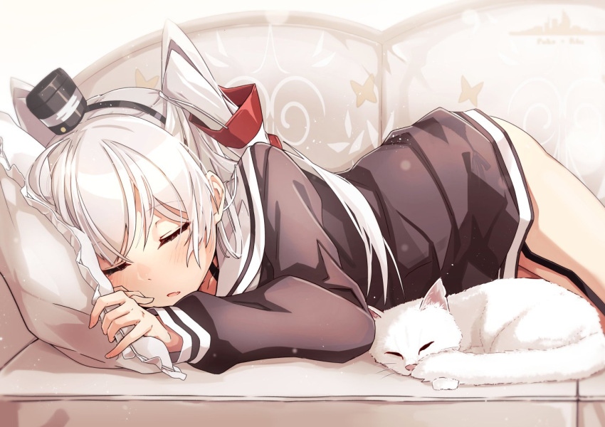 1girl amatsukaze_(kantai_collection) bangs blush brown_dress cat closed_eyes couch dress eyebrows_visible_through_hair fang garter_straps hair_between_eyes hair_over_shoulder hair_tie hair_tubes hairband holding holding_pillow kantai_collection long_hair lying on_side open_mouth pillow sailor_dress short_dress sidelocks silver_hair sleeping smokestack takanashi_kei_(hitsujikan) thighs two_side_up whiskers white_cat