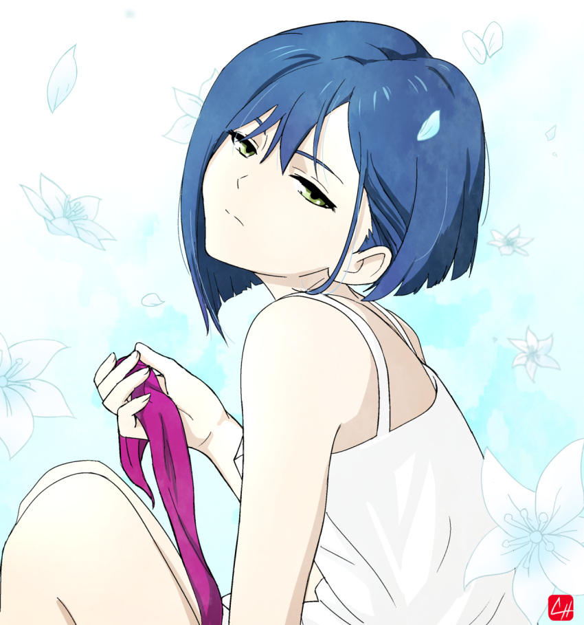 1girl bare_shoulders blue_hair chris_re5 closed_mouth darling_in_the_franxx flower from_side green_eyes half-closed_eyes head_tilt highres holding ichigo_(darling_in_the_franxx) lily_(flower) looking_at_viewer short_hair solo white_flower