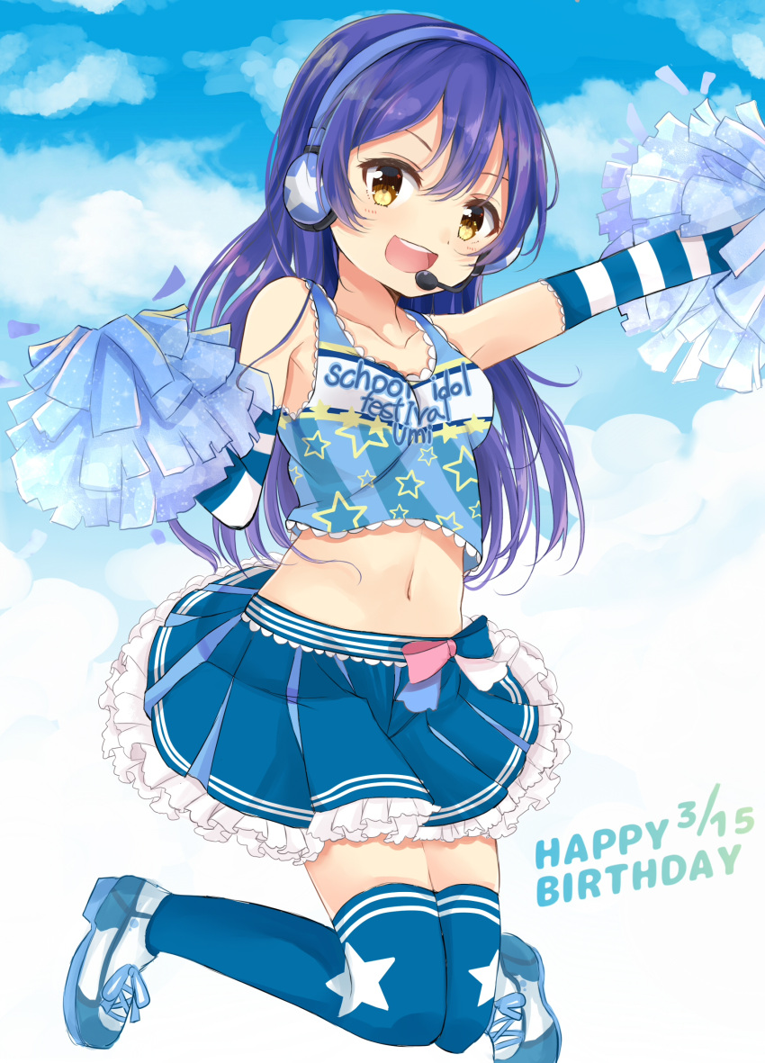 1girl :d absurdres amidada bangs blood blue_legwear blue_shirt blue_skirt blue_sky blush breasts brown_eyes character_name cheerleader clouds cloudy_sky collarbone commentary_request copyright_name crop_top dated detached_sleeves eyebrows_visible_through_hair frilled_skirt frills hair_between_eyes happy_birthday headphones headset highres long_hair long_sleeves looking_at_viewer love_live! love_live!_school_idol_project medium_breasts navel open_mouth outstretched_arm pleated_skirt pom_poms print_shirt purple_hair shirt shoes skirt sky sleeveless sleeveless_shirt smile sneakers solo sonoda_umi star star_print striped thigh-highs upper_teeth very_long_hair white_background