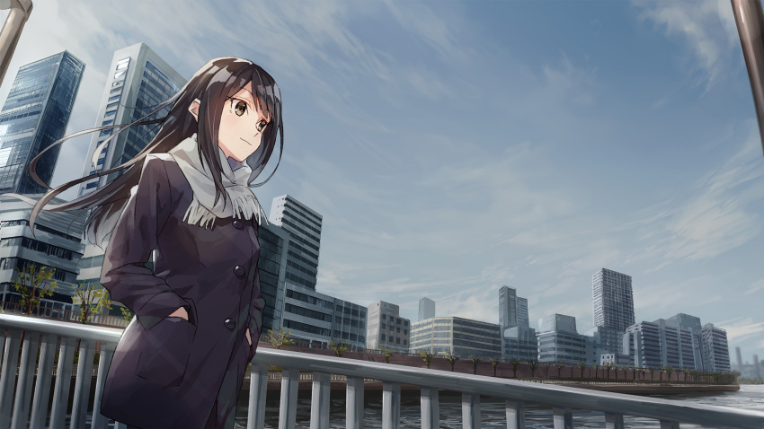 1girl brown_hair cityscape closed_mouth clouds cloudy_sky coat eyebrows_visible_through_hair fence hands_in_pockets highres k-me long_hair original outdoors scarf sky standing tree water