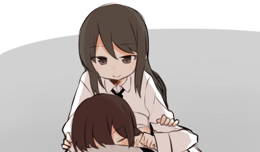 2girls alternate_costume bangs black_neckwear blush brown_eyes brown_hair closed_eyes dress_shirt eyebrows_visible_through_hair fud girls_und_panzer grey_background long_hair long_sleeves looking_at_another lying mika_(girls_und_panzer) multiple_girls necktie nishizumi_maho on_stomach pillow shirt short_hair sleeping standing two-tone_background waking_up white_background white_shirt wing_collar yuri