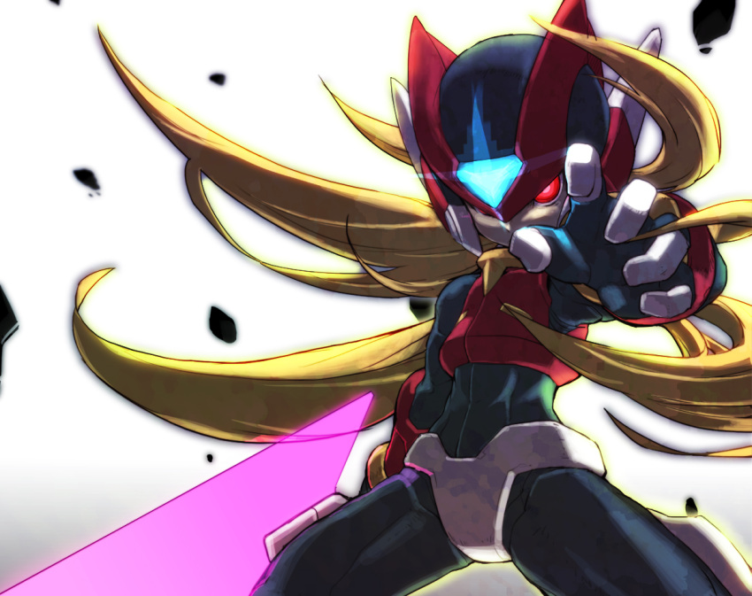 1boy android beam_saber bodysuit capcom flowing_hair helmet holding holding_weapon inti_creates long_hair male_focus omega_(rockman) red_eyes rockman rockman_zero rockman_zero_3 simple_background solo tonami_kanji weapon white_background