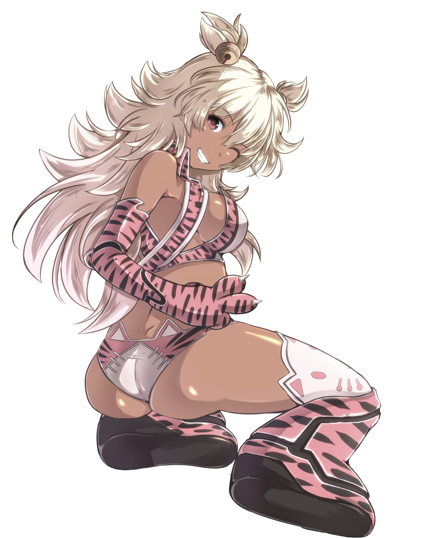 1girl absurdres amanda_(sennen_sensou_aigis) ass bell breasts brown_eyes dark_skin full_body gloves highres jingle_bell large_breasts long_hair looking_at_viewer panties parted_lips paw_gloves paws sennen_sensou_aigis smile solo underwear white_hair