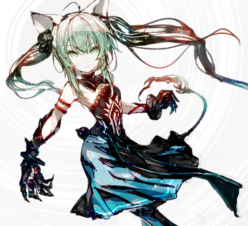 1girl ahoge animal_ears armband atalanta_(fate) bangs bare_shoulders black_gloves breasts bright_pupils cat_ears closed_mouth cowboy_shot detached_collar dress eyebrows eyebrows_visible_through_hair fate/apocrypha fate_(series) gloves green_eyes green_hair hair_between_eyes kusakanmuri legs_crossed light_frown long_hair sidelocks small_breasts solo standing strapless strapless_dress turtleneck twintails watson_cross white_pupils