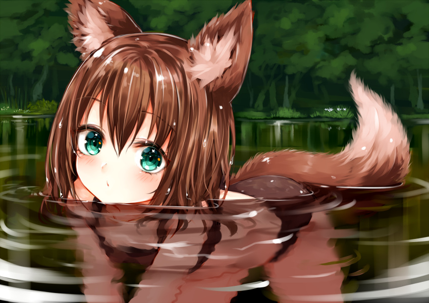 1girl all_fours animal_ears bangs bikini black_bikini blush brown_hair commentary_request day eyebrows_visible_through_hair forest fox_ears fox_girl fox_tail green_eyes hair_between_eyes highres looking_at_viewer nature original outdoors partially_submerged short_hair solo sukemyon swimsuit tail tree water wet wet_hair