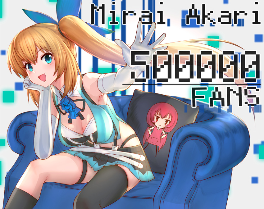 1girl armchair black_legwear blonde_hair blue_bow blue_eyes blush bow breasts chair character_name cleavage elbow_gloves eyebrows_visible_through_hair garter_straps gloves hair_bow iwahana kneehighs large_breasts long_hair looking_at_viewer mirai_akari mirai_akari_project open_mouth pillow side_ponytail sitting skirt smile solo thigh-highs virtual_youtuber white_gloves