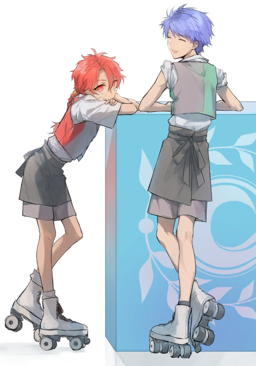 2boys alexander_(fate/grand_order) alternate_costume apron as_us_kr blue_hair braid closed_eyes crossed_arms facing_viewer fate/grand_order fate_(series) fergus_mac_roich_(young)_(fate/grand_order) highres looking_at_viewer looking_back multiple_boys red_eyes redhead roller_skates shirt short_hair short_sleeves shorts single_braid skates waist_apron white_shirt