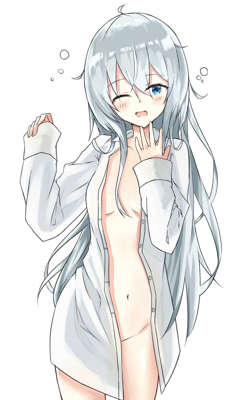 1girl blue_eyes blush breasts evening_rabbit eyebrows_visible_through_hair hair_between_eyes hibiki_(kantai_collection) highres kantai_collection long_hair long_sleeves looking_at_viewer naked_shirt no_bra no_panties one_eye_closed open_mouth remodel_(kantai_collection) shirt silver_hair simple_background small_breasts solo underwear undressing white_background white_shirt