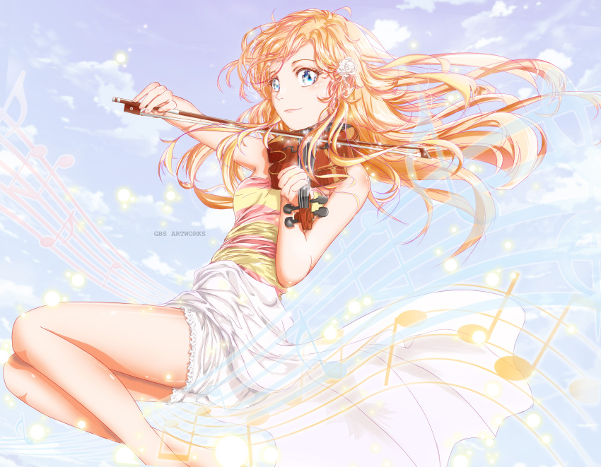 1girl absurdres alternate_costume beamed_quavers blonde_hair blue_eyes bow_(instrument) commentary flower gbsartworks hair_flower hair_ornament highres instrument long_hair miyazono_kawori musical_note shigatsu_wa_kimi_no_uso smile violin