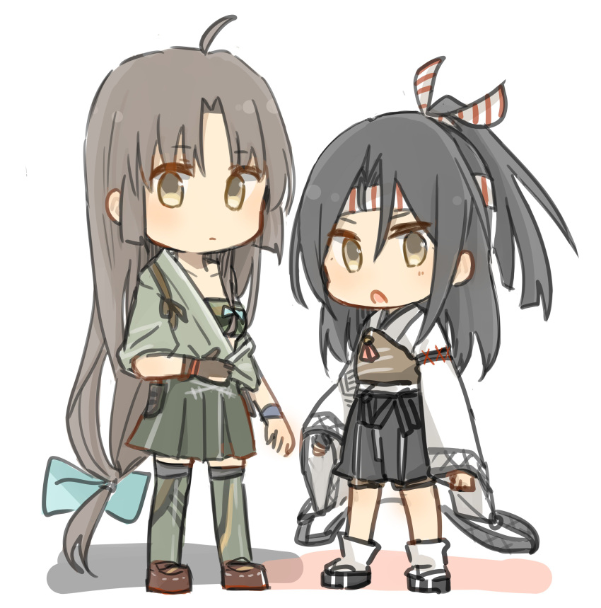 2girls absurdres alternate_color bandeau black_hair bow_(weapon) brown_eyes brown_hair color_switch full_body gloves green_legwear green_skirt hachimaki hadanugi_dousa hair_ribbon headband hibari_(horse809cat) high_ponytail highres japanese_clothes kantai_collection long_hair low-tied_long_hair multiple_girls muneate partly_fingerless_gloves pleated_skirt puffy_shorts remodel_(kantai_collection) ribbon shorts shouhou_(kantai_collection) simple_background single_glove skirt standing thigh-highs weapon white_background yugake zuihou_(kantai_collection)