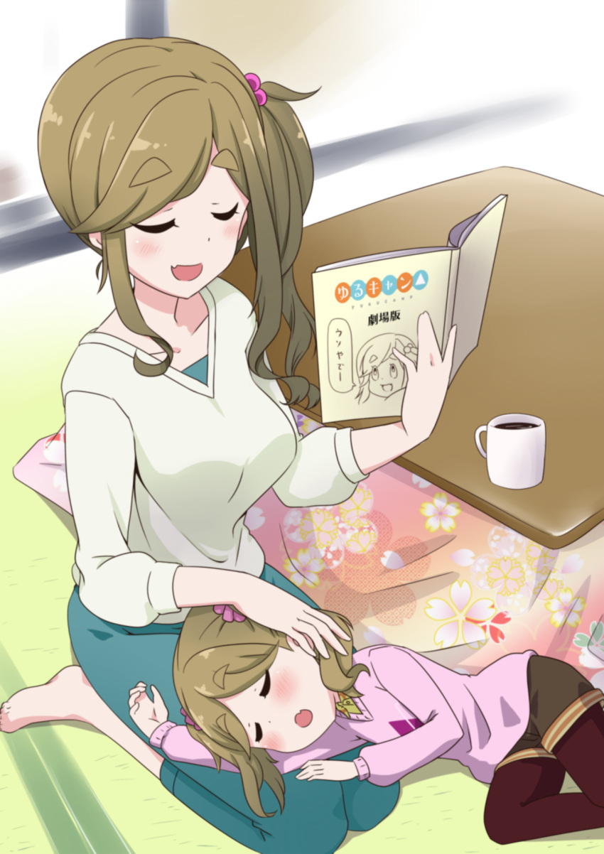 2girls barefoot blush book breasts brown_hair cardigan casual closed_eyes coffee coffee_mug collared_shirt commentary_request computer eyebrows_visible_through_hair fang feet hand_in_hair happy highres indoors inuyama_akari inuyama_aoi lap_pillow laptop large_breasts long_sleeves lying multiple_girls nekota_susumu on_lap open_mouth pants pantyhose pantyhose_under_shorts reading seiza shirt shorts siblings side_ponytail sisters sitting sleeping smile thick_eyebrows tonkatsu twintails yurucamp