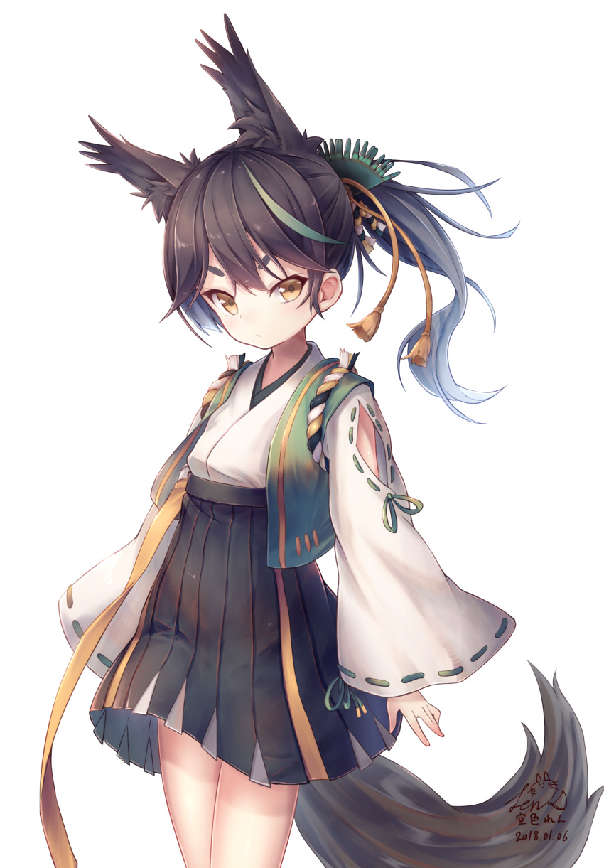 1girl :/ absurdres animal_ears artist_name azur_lane bangs black_hair cowboy_shot dated fox_ears fox_tail hair_ornament hakama_skirt highres japanese_clothes long_hair long_sleeves looking_at_viewer matsukaze_(azur_lane) multicolored_hair ponytail ribbon-trimmed_sleeves ribbon_trim signature simple_background solo sorairo_len standing tail v-shaped_eyebrows white_background wide_sleeves yellow_eyes
