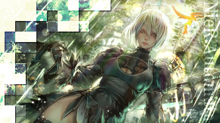 absurdres black_dress blue_eyes cleavage_cutout dress facing_viewer feather-trimmed_sleeves highres juliet_sleeves kaburagi_yasutaka long_sleeves mole mole_under_mouth nier_(series) nier_automata no_blindfold puffy_sleeves silver_hair sword sword_behind_back thigh-highs thighs vambraces weapon yorha_no._2_type_b