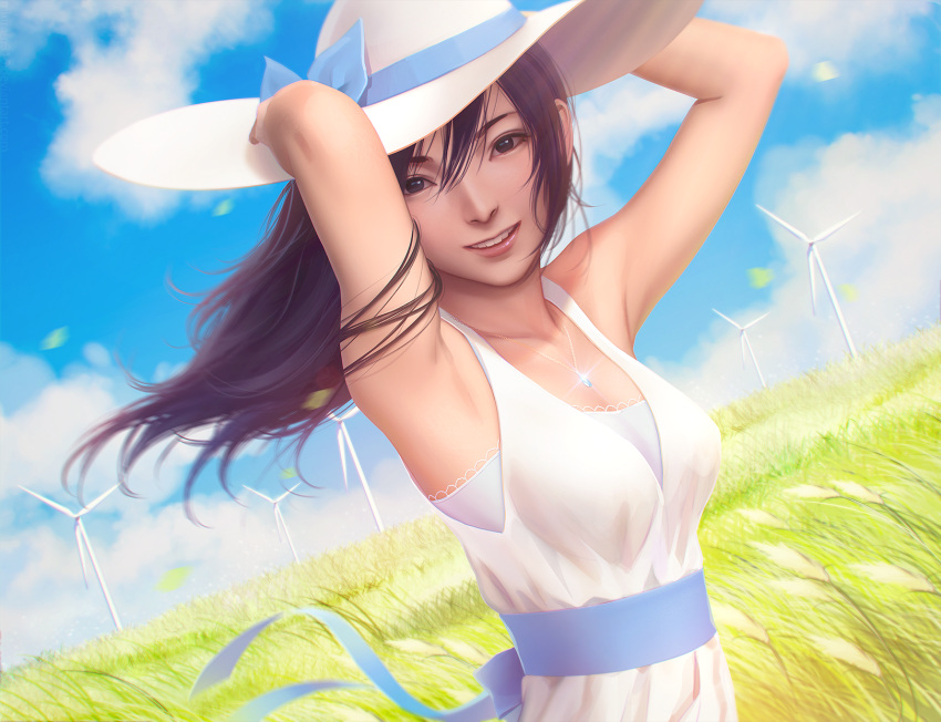 1girl arms_up black_eyes black_hair blue_sky clouds day dress hat highres jewelry long_hair looking_at_viewer miura-n315 original outdoors parted_lips pendant sky smile solo summer sun_hat sundress teeth white_hat wind wind_turbine windmill