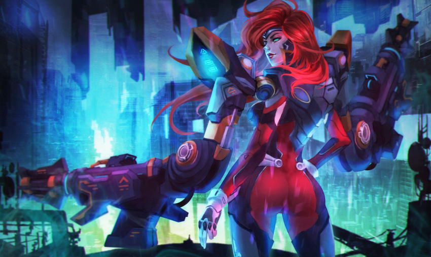 1girl absurdres alternate_costume ass bodysuit cyberpunk dual_wielding forehead_protector from_behind green_eyes gun_goddess_miss_fortune hand_on_hip highres league_of_legends lipstick long_hair looking_at_viewer looking_back makeup miss_fortune monori_rogue pool power_suit red_bodysuit redhead shoulder_cannon solo