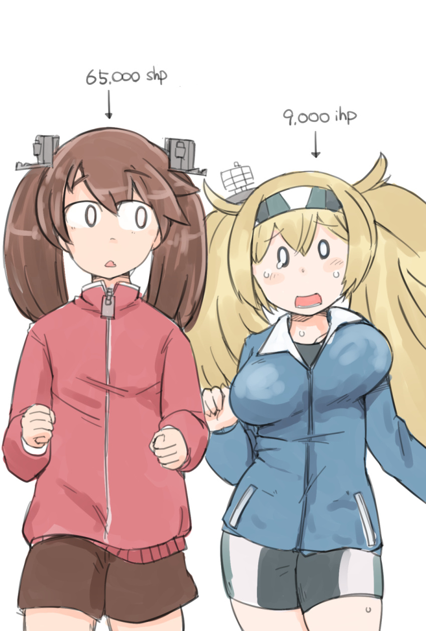 0_0 2girls adapted_costume blonde_hair blue_eyes blue_jacket bouncing_breasts breast_envy breasts brown_eyes brown_shorts commentary_request comparison cowboy_shot enjaku_izuku flat_chest gambier_bay_(kantai_collection) hair_between_eyes highres jacket kantai_collection large_breasts long_hair multicolored multicolored_clothes multicolored_shorts multiple_girls open_mouth red_jacket ryuujou_(kantai_collection) shorts simple_background tears track_jacket twintails white_background