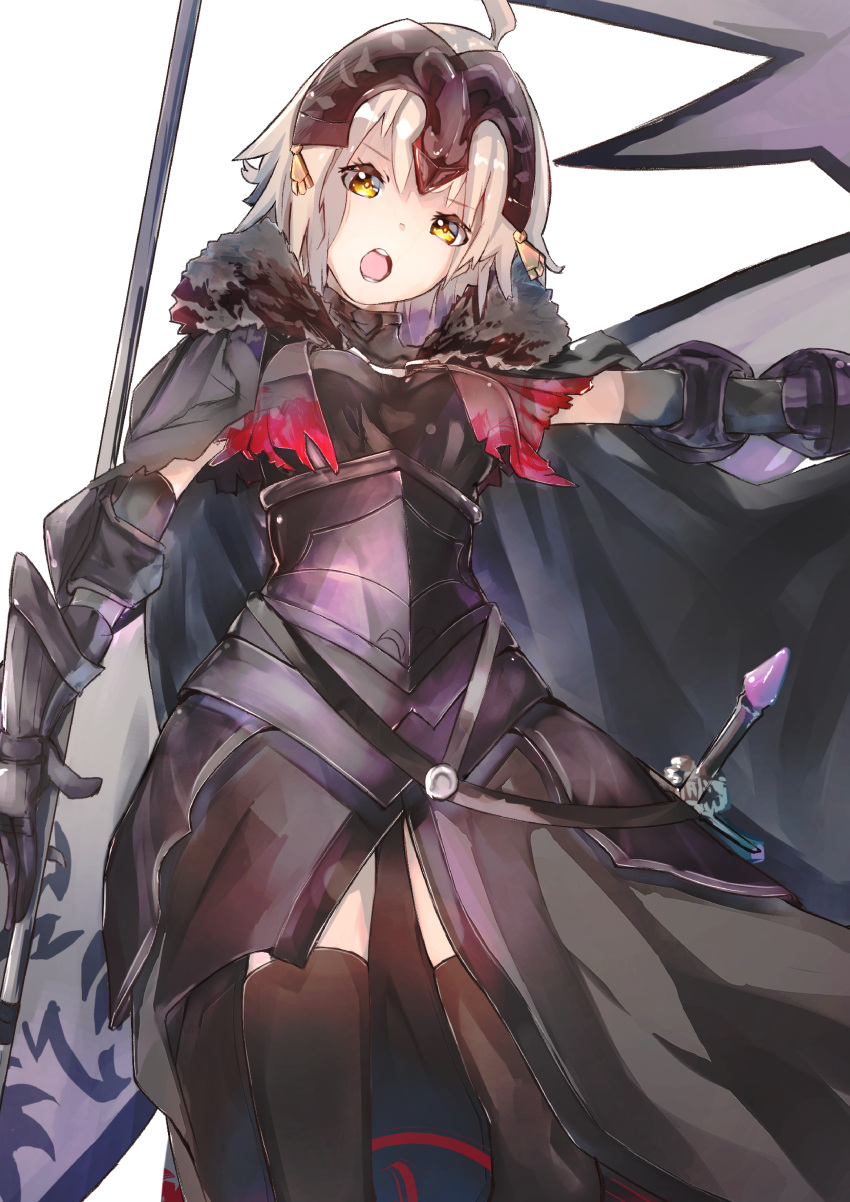 1girl absurdres ahoge armor armored_dress bangs breastplate breasts cape commentary_request eyebrows_visible_through_hair fate/grand_order fate_(series) feet_out_of_frame flag forehead_protector fur_collar gauntlets headpiece highres jeanne_d'arc_(alter)_(fate) jeanne_d'arc_(fate)_(all) looking_at_viewer marova-00 medium_breasts open_mouth outstretched_arm short_hair silver_hair simple_background solo sword weapon white_background yellow_eyes