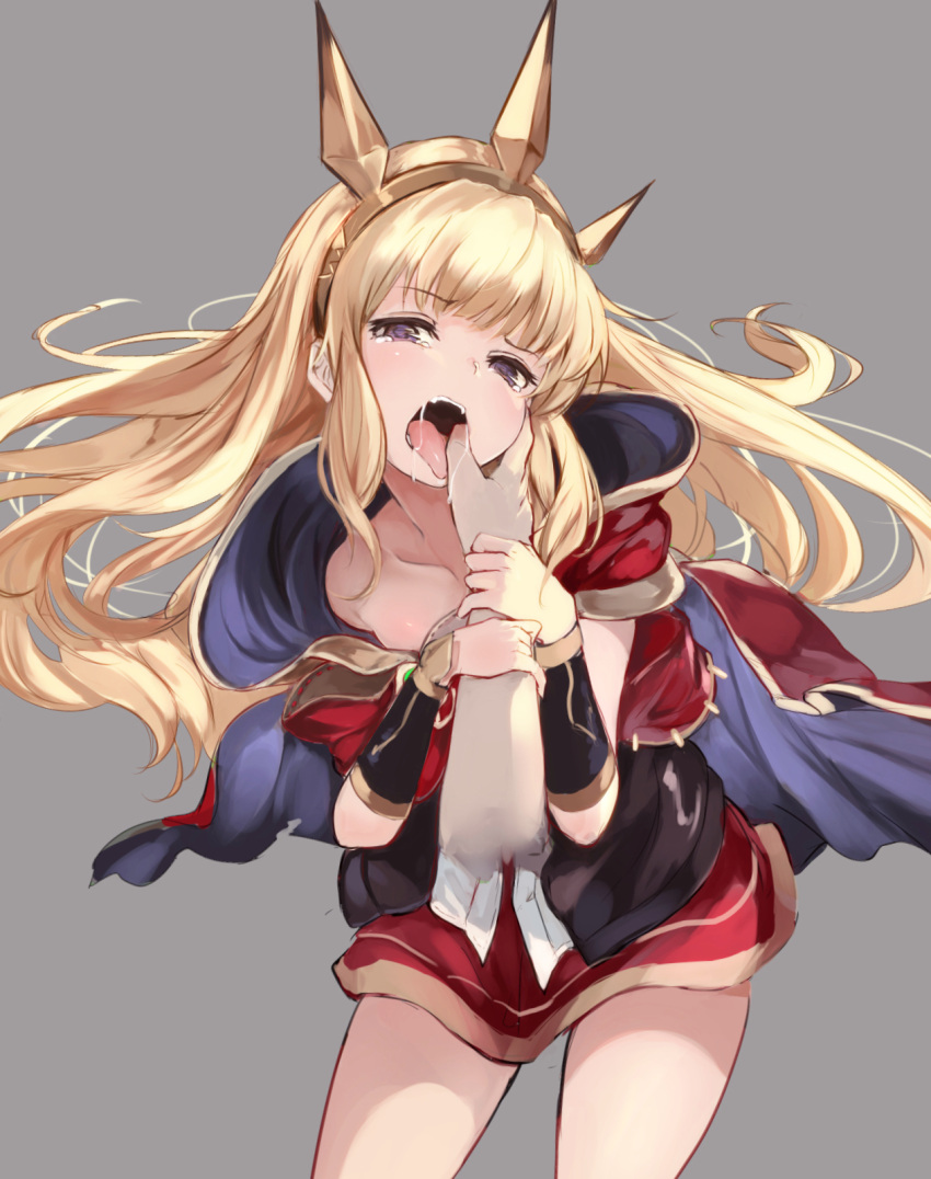 1girl blonde_hair bracer cagliostro_(granblue_fantasy) cape collarbone crown grabbing_another's_hand granblue_fantasy hairband hand_on_another's_face hand_on_another's_mouth highres homo_1121 long_hair looking_at_viewer open_mouth red_skirt saliva skirt spikes thigh-highs tiara tongue tongue_out violet_eyes