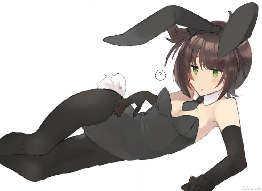 1girl ? alternate_costume animal_ears black_eyes black_gloves black_hair black_legwear black_leotard black_neckwear bow bowtie bunny_tail bunnysuit detached_collar edel_(edelcat) elbow_gloves gloves hair_flaps hatsuzuki_(kantai_collection) kantai_collection leotard lying on_side pantyhose rabbit_ears short_hair simple_background solo spoken_question_mark strapless strapless_leotard tail white_background