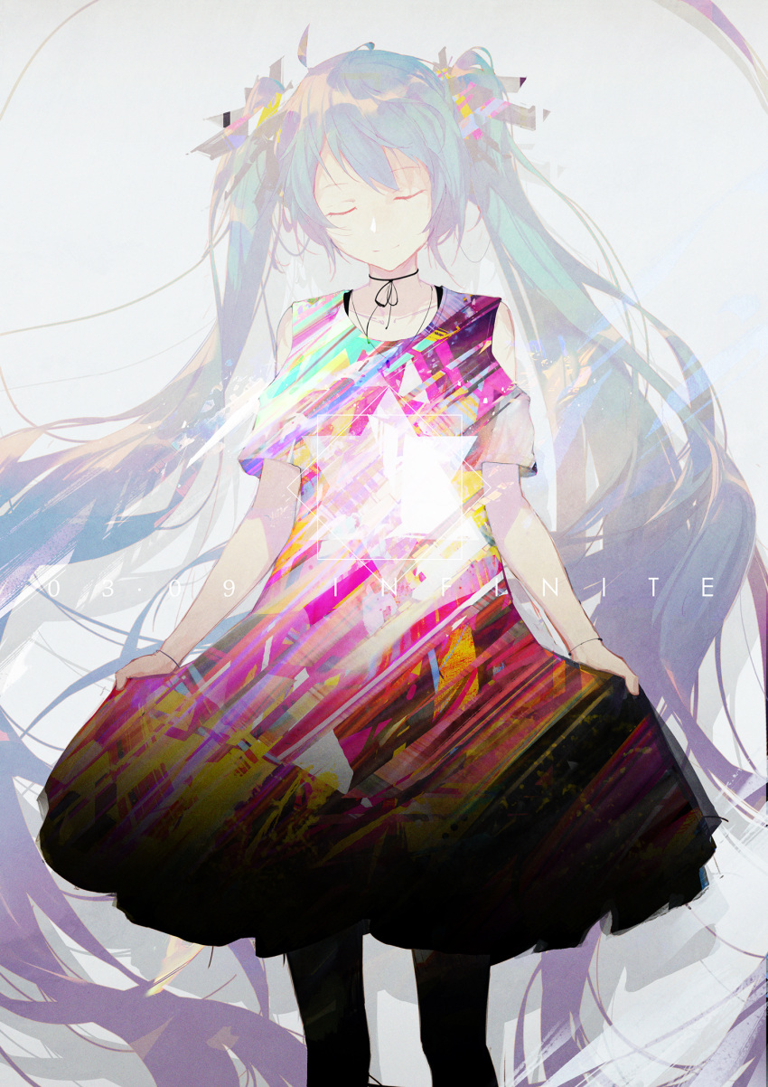 1girl blue_hair bow closed_eyes closed_mouth collarbone eyebrows_visible_through_hair facing_viewer hair_bow hatsune_miku highres kieed long_hair smile solo twintails very_long_hair vocaloid