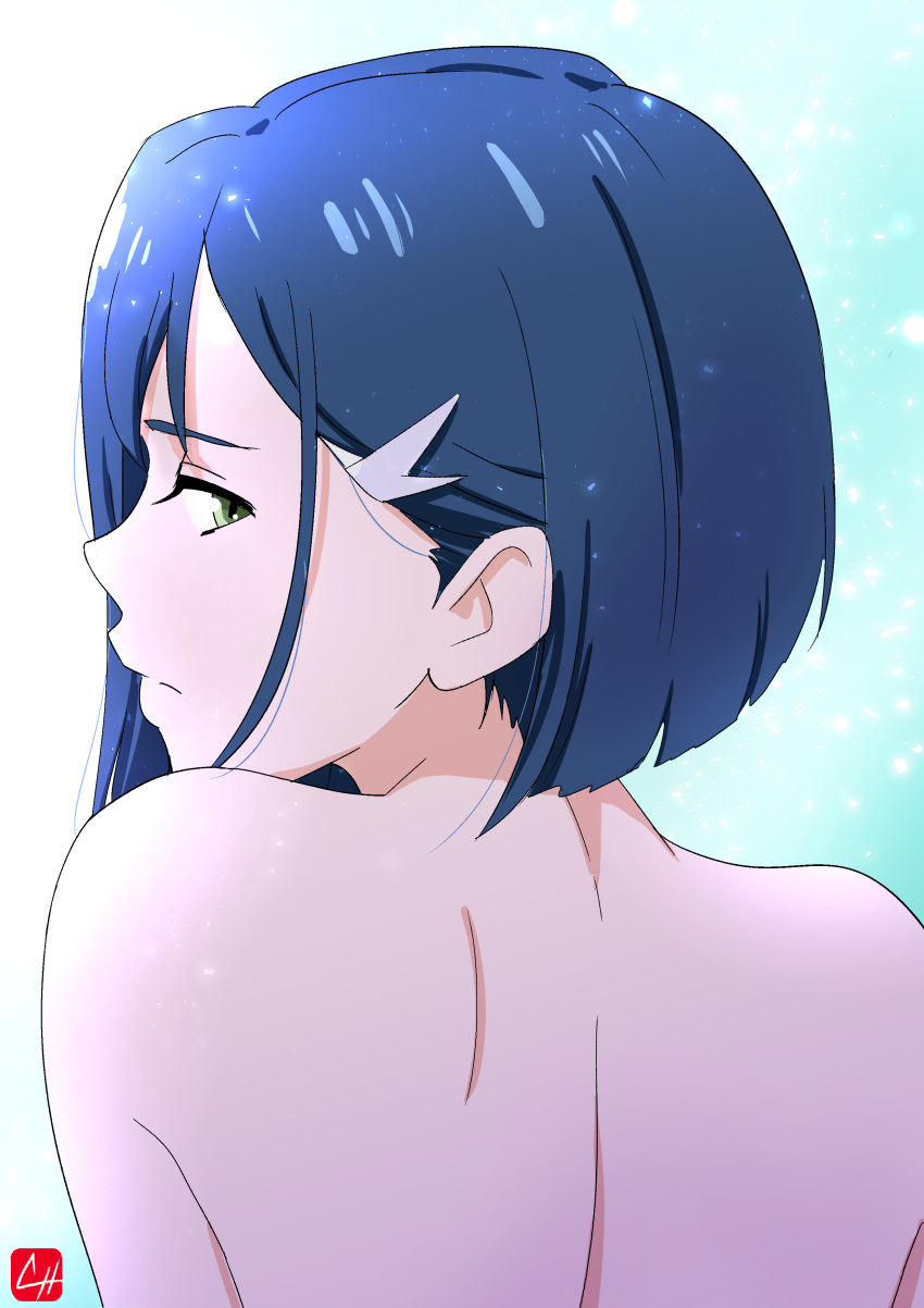 1girl absurdres back bare_back blue_hair chris_re5 closed_mouth darling_in_the_franxx from_behind green_eyes hair_ornament hairclip highres ichigo_(darling_in_the_franxx) looking_at_viewer looking_back short_hair solo upper_body