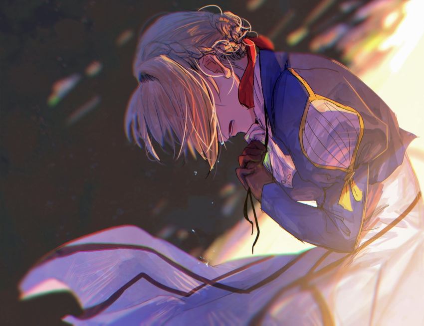 1girl bangs bent_over blonde_hair blue_jacket braid braided_bun breasts brooch covered_face crying dress gloves hair_between_eyes hair_intakes hair_ribbon hands_clasped jacket jewelry long_hair ore_suzuki own_hands_together red_ribbon ribbon sad sobbing solo tears violet_evergarden violet_evergarden_(character)