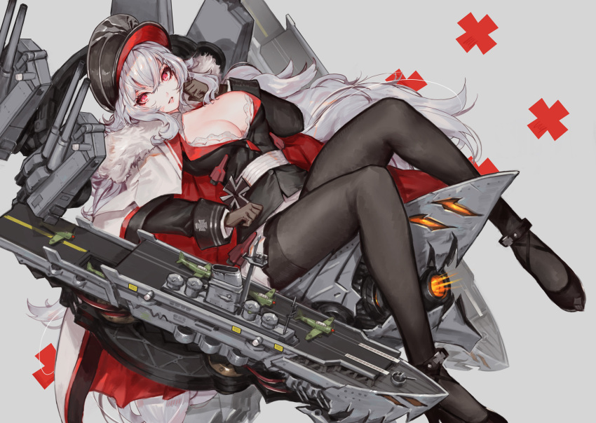 1girl azur_lane bangs black_gloves black_legwear breasts cleavage fur_trim gloves graf_zeppelin_(azur_lane) hair_between_eyes hat high_heels highres iron_cross large_breasts legs long_hair looking_at_viewer military military_uniform pantyhose parted_lips peaked_cap red_eyes saimon_ma silver_hair solo uniform