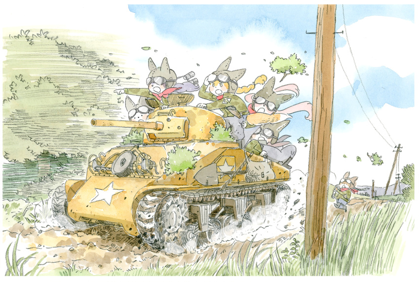 artist_request clouds furry grass ground_vehicle m4_sherman military military_vehicle motor_vehicle original shovel sky tank traditional_media tree worktool