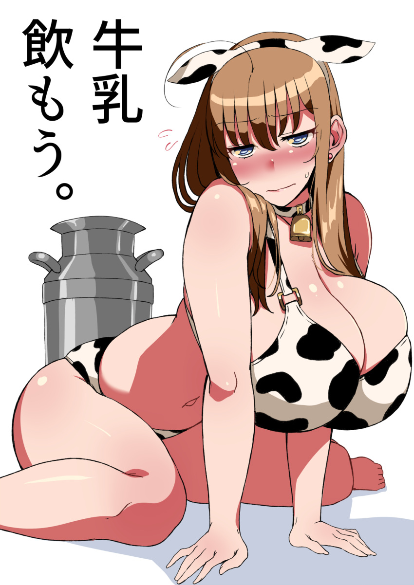 1girl ahoge animal_print bare_shoulders barefoot bell bell_collar blue_eyes breasts brown_hair cleavage collar cow_bell cow_print earrings flying_sweatdrops highres huge_breasts jewelry komusou_(jinrikisha) long_hair ooba_minori original simple_background sitting solo thighs translation_request wariza white_background