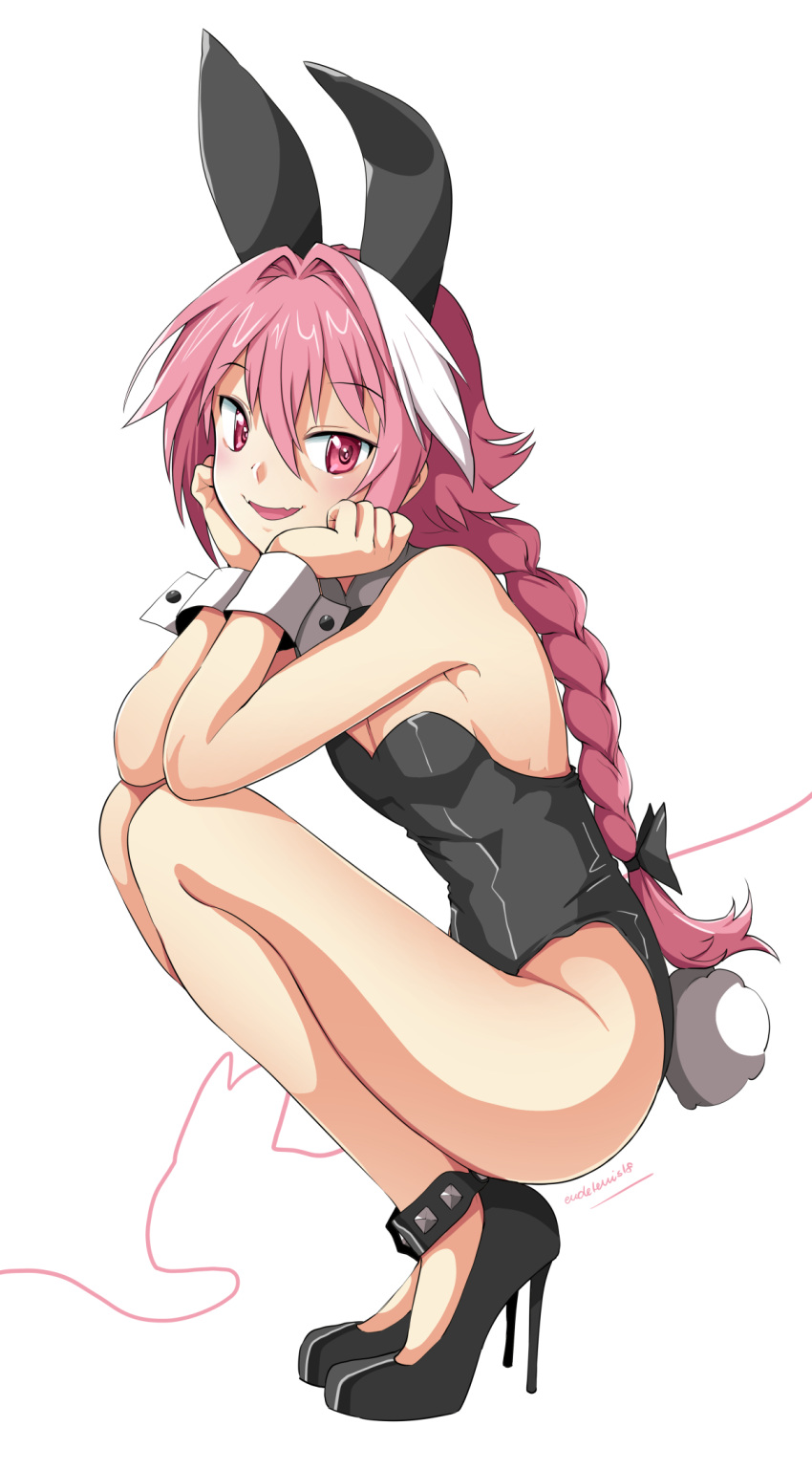 1boy :d animal_ears ankle_strap armpits astolfo_(fate) bangs bare_arms bare_legs bare_shoulders black_bow black_footwear black_leotard blush bow braid bunny_boy bunny_tail bunnysuit chin_rest commentary cuff_links detached_collar eudetenis eyebrows_visible_through_hair fake_animal_ears fangs fate/apocrypha fate_(series) flat_chest from_side full_body hair_between_eyes hair_bow hair_intakes hands_up high_heels highres leotard long_hair looking_at_viewer looking_to_the_side male_focus multicolored_hair open_mouth pink_hair rabbit_ears raised_eyebrows signature simple_background single_braid smile solo squatting stiletto_heels strapless strapless_leotard streaked_hair tail trap tsurime two-tone_hair violet_eyes white_background white_hair wing_collar wrist_cuffs