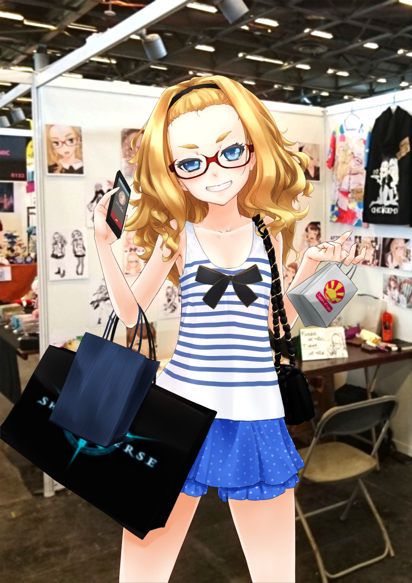 1girl absurdres blonde_hair blue_eyes borrowed_character breasts dekoglasses eyebrows forehead glasses grin hairband highres long_hair looking_at_viewer original sitouanang small_breasts smile solo