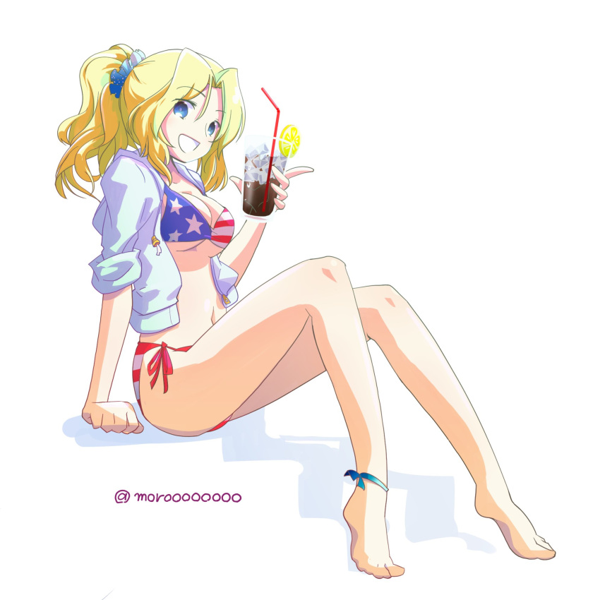 1girl :d alternate_hairstyle american_flag_bikini anklet arm_support bikini blonde_hair blue_eyes blue_jacket breasts cleavage drinking_straw eyebrows_visible_through_hair flag_print food fruit full_body girls_und_panzer glass hair_intakes hair_up highres holding hood hooded_jacket hoodie ice invisible_chair jacket jewelry kay_(girls_und_panzer) lemon long_hair long_sleeves looking_at_viewer medium_breasts moro_(like_the_gale!) navel open_clothes open_jacket open_mouth scrunchie short_ponytail side-tie_bikini sitting sleeves_rolled_up smile solo swimsuit twitter_username white_background