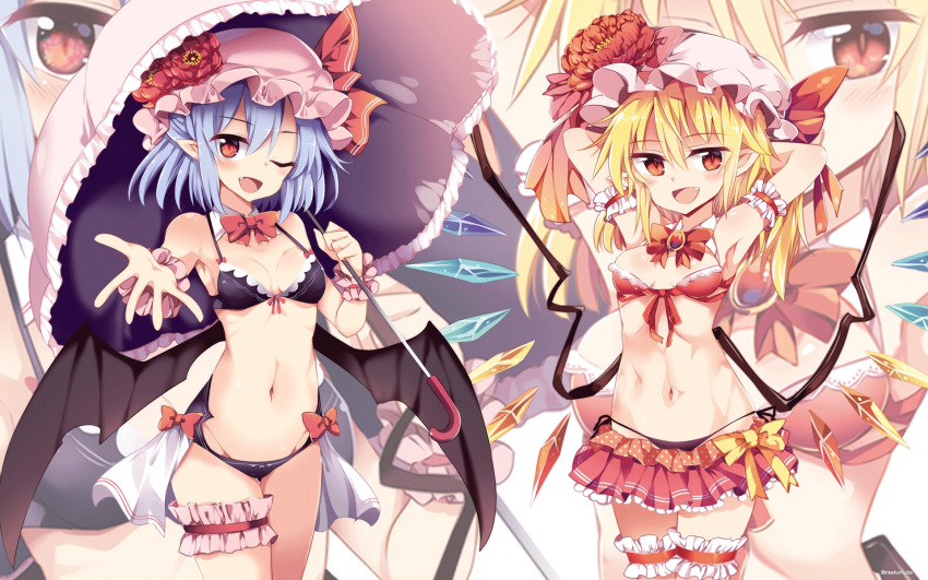 2girls arm_garter armpits arms_behind_head bangs bare_arms bare_shoulders bat_wings bikini bikini_skirt black_bikini black_bikini_bottom black_legwear black_wings blonde_hair blue_hair blush bow bowtie breasts cleavage commentary_request cowboy_shot detached_collar fang flandre_scarlet flower frilled_bikini frills front-tie_top groin hair_between_eyes hat hat_flower hat_ribbon highres holding holding_umbrella leg_garter looking_at_viewer maturiuta_sorato microskirt midriff mismatched_bikini mob_cap multiple_girls navel open_mouth outstretched_arm pink_hat pointy_ears red_bikini red_bikini_top red_bow red_eyes red_flower red_neckwear red_ribbon remilia_scarlet ribbon side-tie_bikini simple_background skirt small_breasts smile standing stomach swimsuit thigh-highs thigh_gap touhou umbrella white_background wings wrist_cuffs yellow_bow