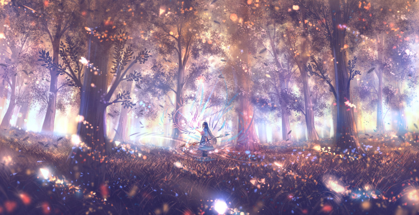 1girl fireflies forest grass long_hair nature original sakimori_(hououbds) scenery solo sparkle tree