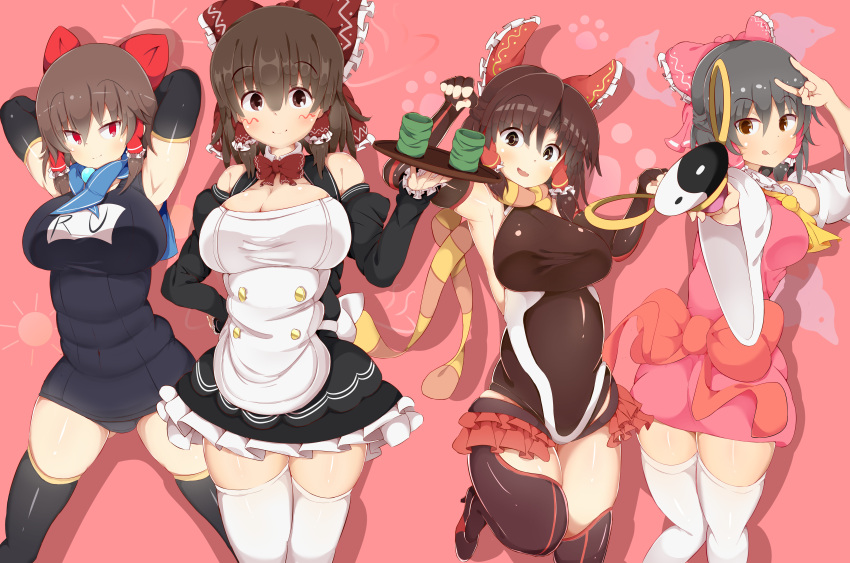 4girls absurdres akabeco benikurage black_hair black_legwear blush bow breasts brown_eyes brown_hair cleavage closed_mouth cookie_(touhou) eyebrows_visible_through_hair hair_bow hair_tubes hakurei_reimu highres kanna_(cookie) large_breasts looking_at_viewer multiple_girls open_mouth pink_bow plump red_bow red_eyes reu sananana school_swimsuit short_hair smile swimsuit thigh-highs touhou white_legwear