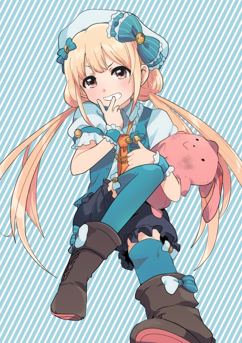 1girl bangs black_footwear black_shorts blonde_hair blue_bow blue_legwear blue_vest boots bow brown_eyes buttons collared_shirt eyebrows frilled_bow frills futaba_anzu grin hat hat_bow highres holding holding_stuffed_animal horizontal_stripes idolmaster idolmaster_cinderella_girls long_hair low_twintails medu_(rubish) necktie open_clothes open_vest orange_neckwear puffy_short_sleeves puffy_sleeves shirt short_sleeves shorts sidelocks smile solo striped striped_background striped_bow stuffed_animal stuffed_bunny stuffed_toy teeth thigh-highs twintails unbuttoned v vest white_hat white_shirt wristband zettai_ryouiki