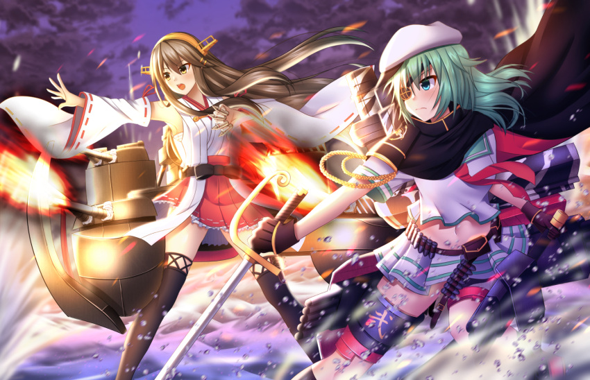 2girls afloat black_legwear cape clouds cloudy_sky commentary_request detached_sleeves eyepatch green_eyes green_hair grey_eyes grey_hair hair_ornament hairband hairclip haruna_(kantai_collection) hat holding holding_sword holding_weapon horizon kantai_collection kiso_(kantai_collection) long_hair machinery multiple_girls navel nontraditional_miko ocean pleated_skirt remodel_(kantai_collection) school_uniform serafuku skirt sky sword thigh-highs turret twilight utsuki_(blackgoat1229) weapon wind zettai_ryouiki