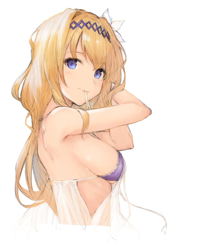1girl absurdres armpits arms_up bangs bikini bikini_top breasts eyebrows_visible_through_hair flower from_side granblue_fantasy hair_flower hair_ornament hairdressing headpiece highres jeanne_d'arc_(granblue_fantasy) koretsuki_azuma lips long_hair looking_at_viewer looking_to_the_side medium_breasts mouth_hold purple_bikini see-through shiny shiny_hair sideboob simple_background solo swimsuit upper_body white_background white_flower