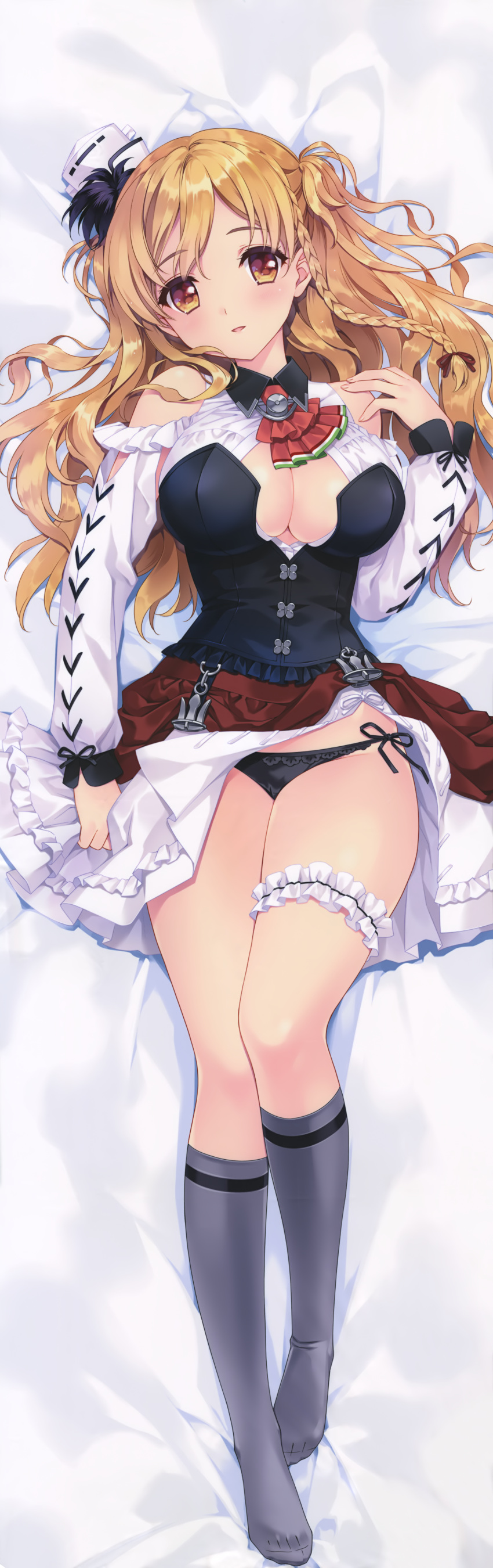 1girl :d absurdres anchor arm_at_side ascot bangs bare_shoulders bed_sheet black_panties blonde_hair blush braid breasts brown_eyes bustier carnelian cleavage cleavage_cutout dakimakura eyebrows_visible_through_hair frills full_body grey_legwear hair_ribbon hand_up hat head_tilt highres huge_filesize kantai_collection kneehighs large_breasts layered_skirt leg_garter long_hair long_sleeves looking_at_viewer lying mini_hat no_shoes on_back open_mouth panties red_neckwear red_ribbon remodel_(kantai_collection) ribbon shiny shiny_hair shirt shoulder_cutout side-tie_panties side_braid smile solo tareme thighs underwear white_hat white_shirt zara_(kantai_collection)