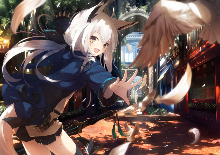 1girl :d ahoge animal animal_ears arch bird bird_wings blush book bow building feathers fox_ears fox_girl fox_tail hair_between_eyes happy highres long_hair long_sleeves looking_at_viewer low_twintails nagishiro_mito open_mouth original outstretched_arm outstretched_arms sheath sheathed single_wing smile solo spread_arms sword tail tassel twintails upper_body weapon white_hair wings yellow_eyes