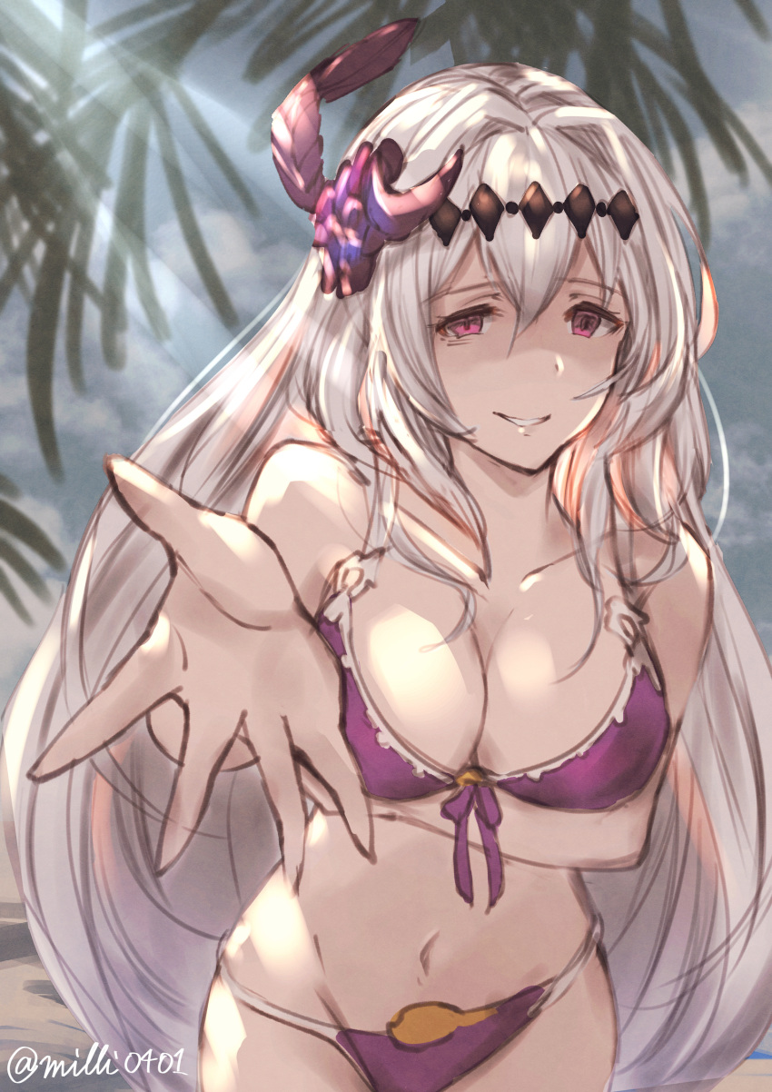 1girl breasts collarbone dark_jeanne feathers granblue_fantasy groin hair_feathers hair_intakes highres large_breasts looking_at_viewer milli_little navel outstretched_arms red_eyes solo white_hair
