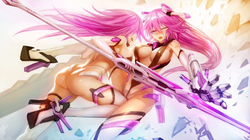 2girls 300_heroes absurdres android ass breasts cleavage elbow_gloves fighting gloves headgear high_heels highres large_breasts long_hair multiple_girls one_eye_closed open_mouth pink_eyes pink_hair power_glove sword thigh-highs weapon zhuore_zhi_hen