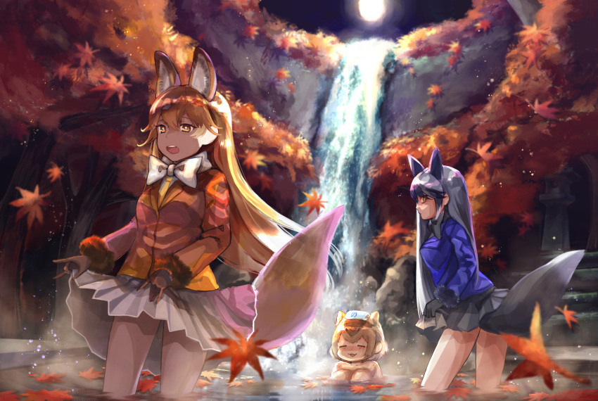 3girls :3 :o =_= absurdres animal_ears black_bow black_gloves black_neckwear black_skirt blonde_hair bow bowtie capybara_(kemono_friends) capybara_ears commentary_request extra_ears ezo_red_fox_(kemono_friends) falling_leaves fox_ears fox_tail fur-trimmed_sleeves fur_trim gloves grey_hair hair_between_eyes highres kemono_friends long_hair moon multiple_girls night noah_(noxxxmo) nude onsen orange_hair outdoors silver_fox_(kemono_friends) skirt skirt_hold tail towel towel_on_head wading water waterfall white_bow white_neckwear white_skirt