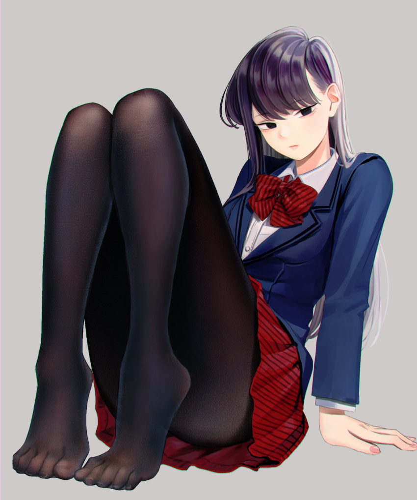 1girl :| backlighting black_eyes black_hair blue_blazer bow closed_mouth eyebrows_visible_through_hair feet grey_background highres komi-san_wa_komyusho_desu komi_shouko leaning_back lips long_hair looking_at_viewer nail_polish nashigaya_koyomi pantyhose pink_nails pleated_skirt red_bow red_skirt school_uniform shirt simple_background sitting skirt solo white_shirt