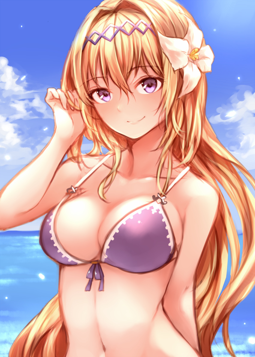 1girl bangs bare_shoulders bikini blonde_hair blush breasts cleavage clouds collarbone day eyebrows_visible_through_hair flower front-tie_bikini front-tie_top granblue_fantasy hair_flower hair_ornament hairband highres jeanne_d'arc_(granblue_fantasy) long_hair looking_at_viewer navel ocean outdoors purple_bikini sky smile solo sukemyon swimsuit upper_body violet_eyes