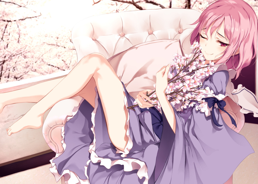 1girl arm_garter bangs bare_legs barefoot blue_dress blue_kimono blue_ribbon blush cherry_blossoms couch cushion dress eyebrows_visible_through_hair eyes_visible_through_hair fallen_heaven flower frills highres holding holding_flower japanese_clothes ke-ta_(style) kimono lips long_sleeves looking_at_viewer lying no_hat no_headwear obi object_hug on_back on_couch one_eye_closed pink pink_hair red_eyes ribbon saigyouji_yuyuko sash short_hair smile solo tears touhou tree_branch wide_sleeves