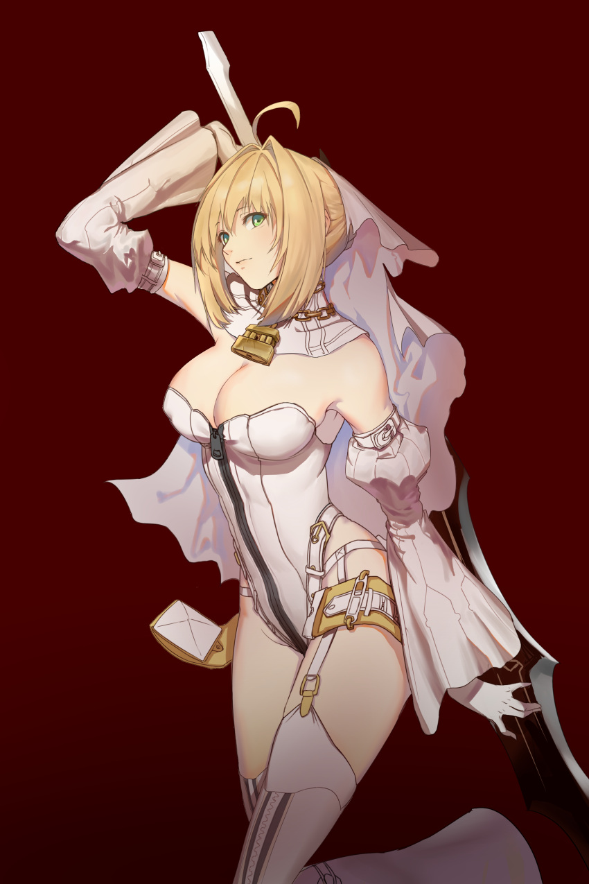 1girl absurdres bare_shoulders blonde_hair breasts dress elbow_gloves fate/grand_order fate_(series) gloves green_eyes highres holding holding_sword holding_weapon large_breasts looking_at_viewer nero_claudius_(fate) nero_claudius_(fate)_(all) short_hair simple_background solo sword thigh-highs thighs tingas weapon white_dress white_gloves